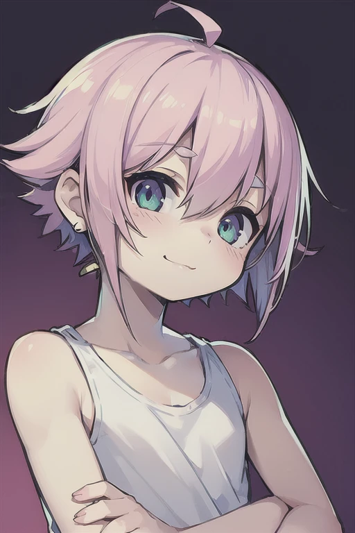 Highest quality, (high quality),light purple background,gradation,punk style,eye highlights, hands together,arms are thin, thin body,face,from front, (portrait),looking up, look at viewer, thin eyebrows,light in the eyes, eyes shine,smile,shy, blush,Pouting mouth,watery eyes,open your mouth and laugh,((())), (1 boy),light pink hair,bob cut, bedhead,industrial earrings,illustration,anime style,