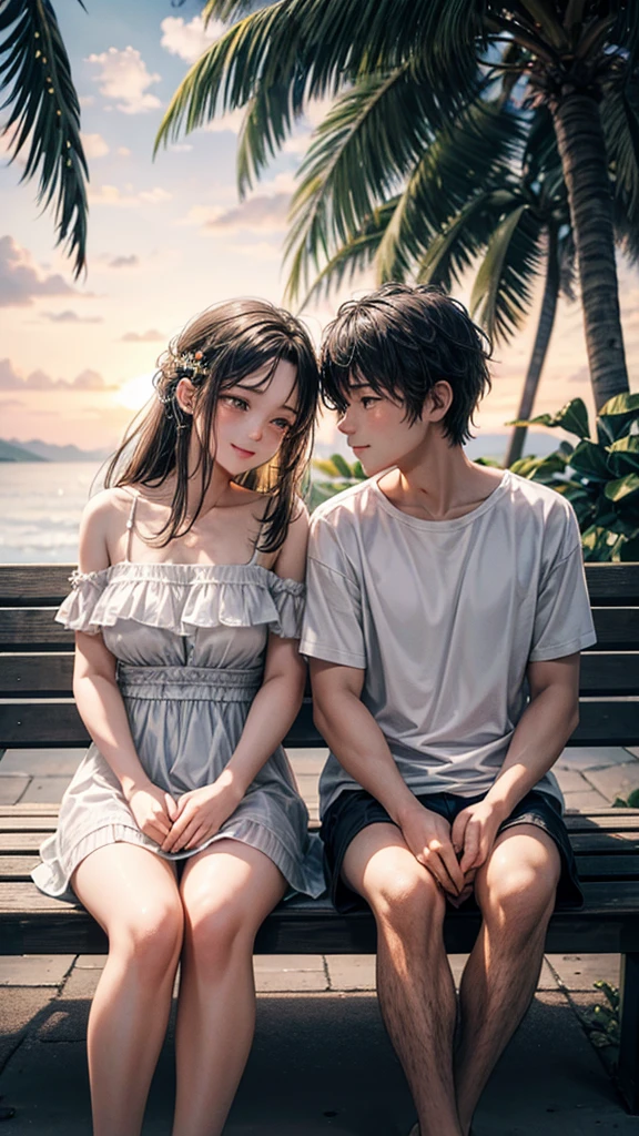 A romantically entwined pair of lovers sits on a weathered bench beneath towering coconut trees as the vibrant hues of a sunset bathe the scene in golden light. The young couple, dressed in casual, summery attire, exude a sense of carefree joy and intimacy. This striking image, whether a painting or photograph, captures the warmth of their love and the serenity of the tropical setting with impeccable detail and exquisite color rendering, making it a masterpiece of romantic nostalgia.