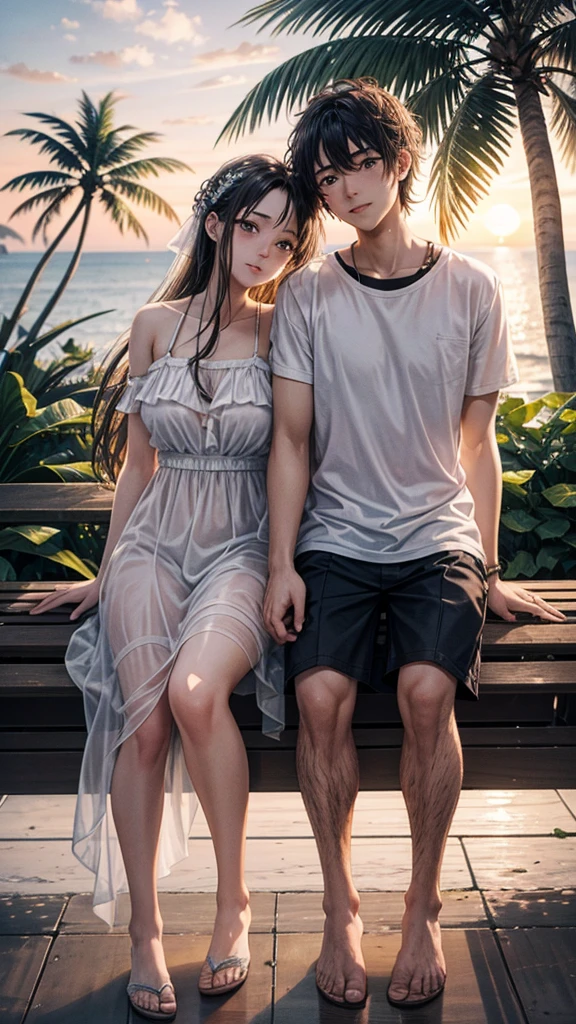 A romantically entwined pair of lovers sits on a weathered bench beneath towering coconut trees as the vibrant hues of a sunset bathe the scene in golden light. The young couple, dressed in casual, summery attire, exude a sense of carefree joy and intimacy. This striking image, whether a painting or photograph, captures the warmth of their love and the serenity of the tropical setting with impeccable detail and exquisite color rendering, making it a masterpiece of romantic nostalgia.