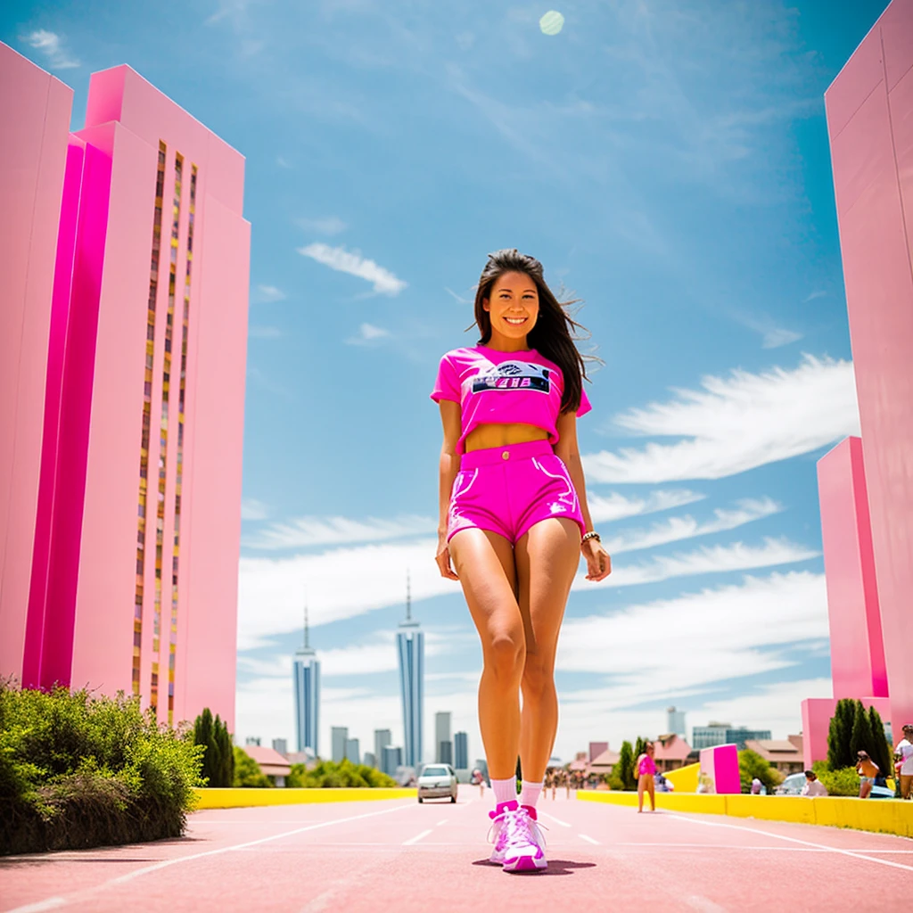 Giantess women wearing tight pink shorts 10000ft tall walking over a miniature town