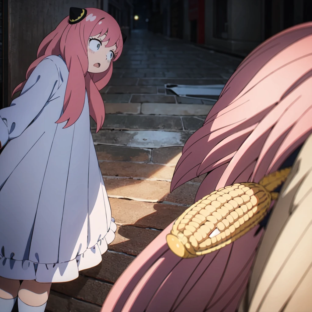 Anya Forger SF,1 Female_,Pink Hair,Corn Hair Bun,alone, surprised, dress