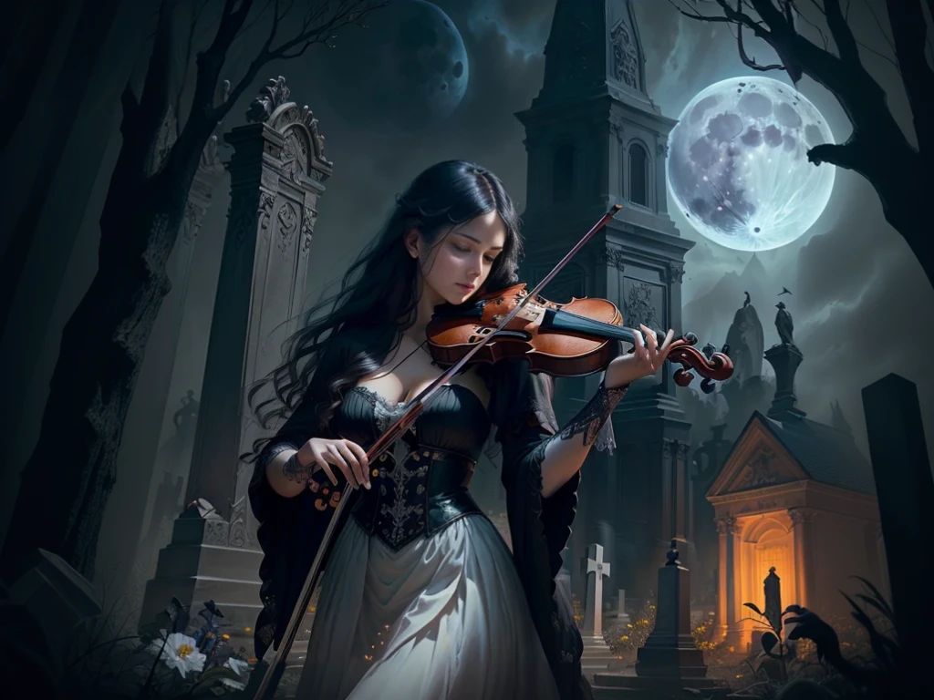 a dark gothic church surrounded by an ancient graveyard, moonlit night sky, intricate headstones, gnarled trees, crows perched on branches, (best quality,4k,8k,highres,masterpiece:1.2),ultra-detailed,(realistic,photorealistic,photo-realistic:1.37),gothic architecture,moody atmosphere,dramatic lighting,cinematic composition,dark tones,ominous clouds,full moon,mystical,haunting