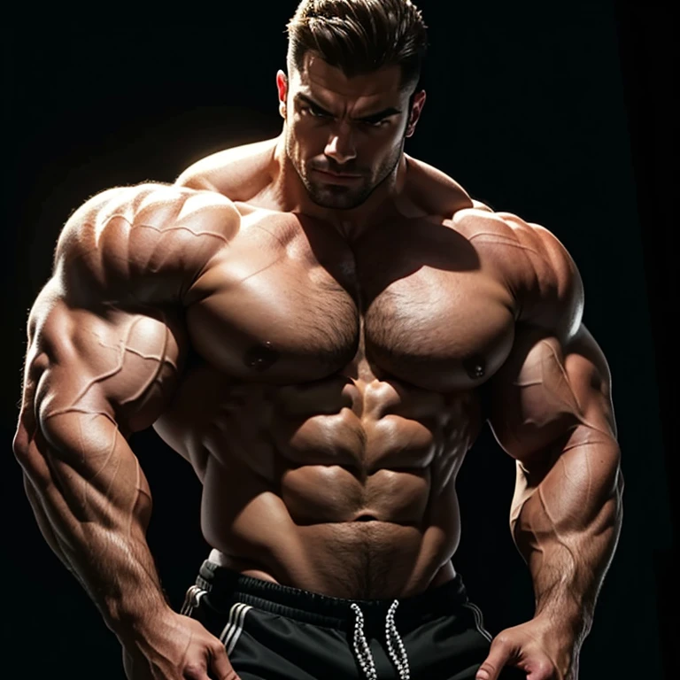 a very handsome, massively muscular man with massively large muscles, with a massively large, muscular and defined body, in a completely dark room