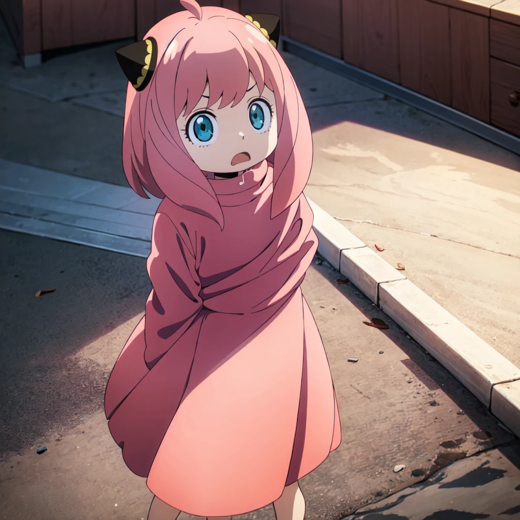 Anya Forger SF,1 Female_,Pink Hair,Corn Hair Bun,alone, surprised, dress