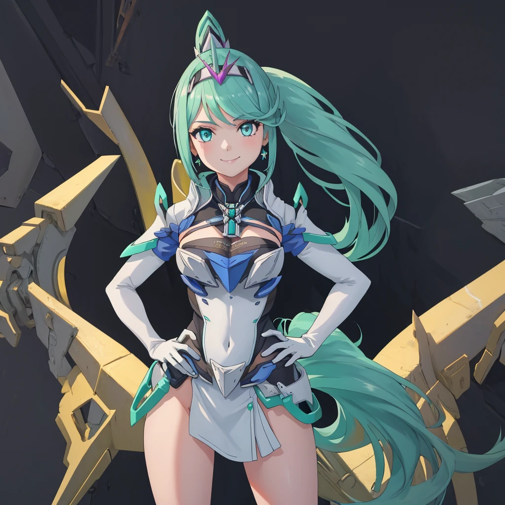 masterpiece, Highest quality, One girl, alone, Pneumadef, ponytail, tiara, Earrings, Chest jewels, armor, gloves, Hands on hips, View your viewers, smile