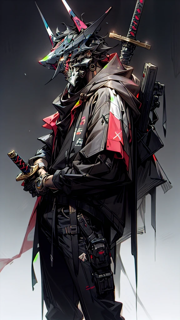 There is a boy wearing a white mask and a black hoodie，He holds a Tang sword in his hand, hyper-realistic cyberpunk style，Digital cyberpunk anime style，Exquisite details，colorful，The background is at sea