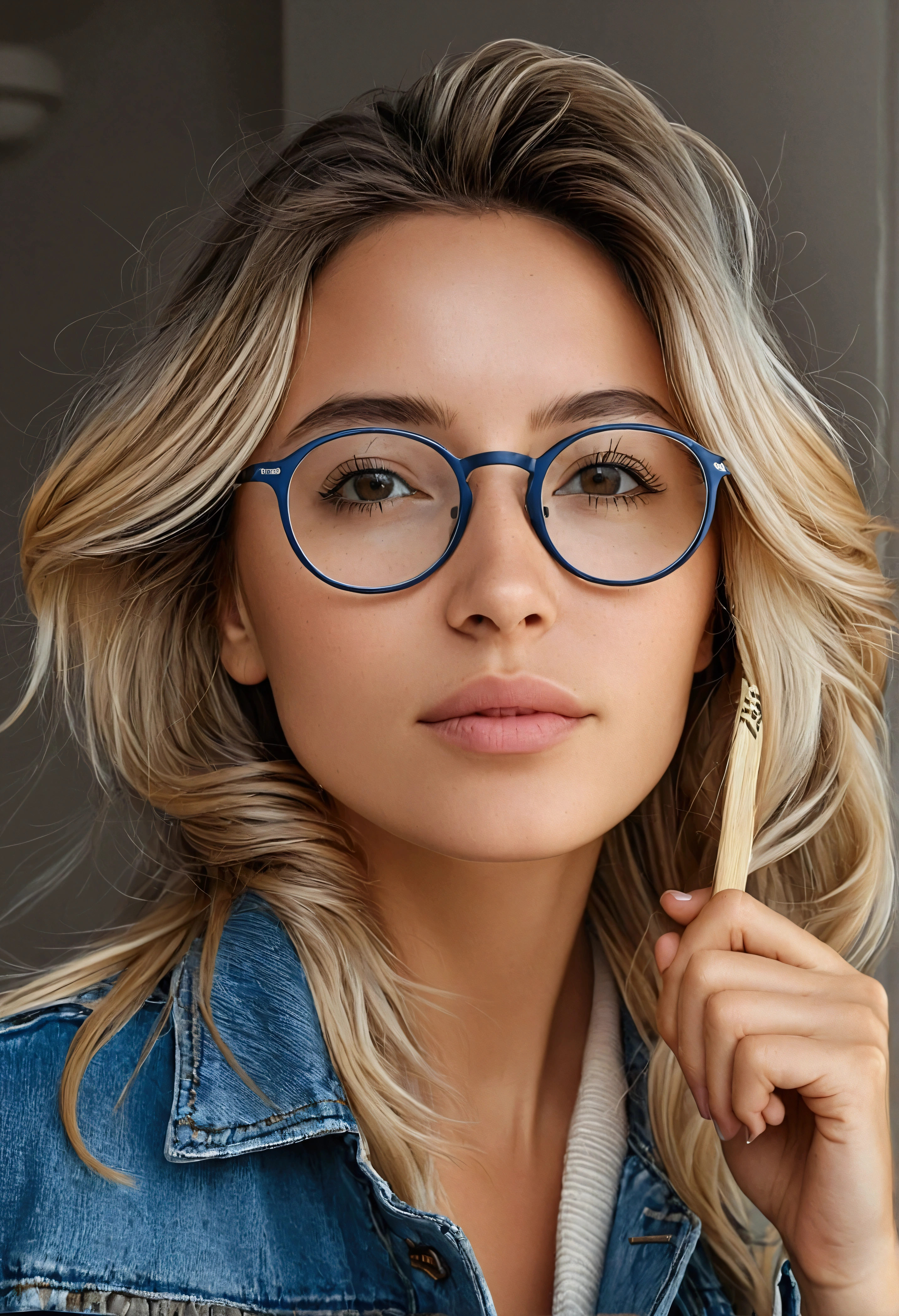 arafed woman with glasses and a denim jacket is combing her hair, with glasses, profile image, selfie of a young woman, 8k selfie photograph, spectacled, girl with glasses, headshot profile picture, girl wearing round glasses, selfie shot straight on angle, avatar image, julia hetta, wearing thin large round glasses, profile pic, with glasses on