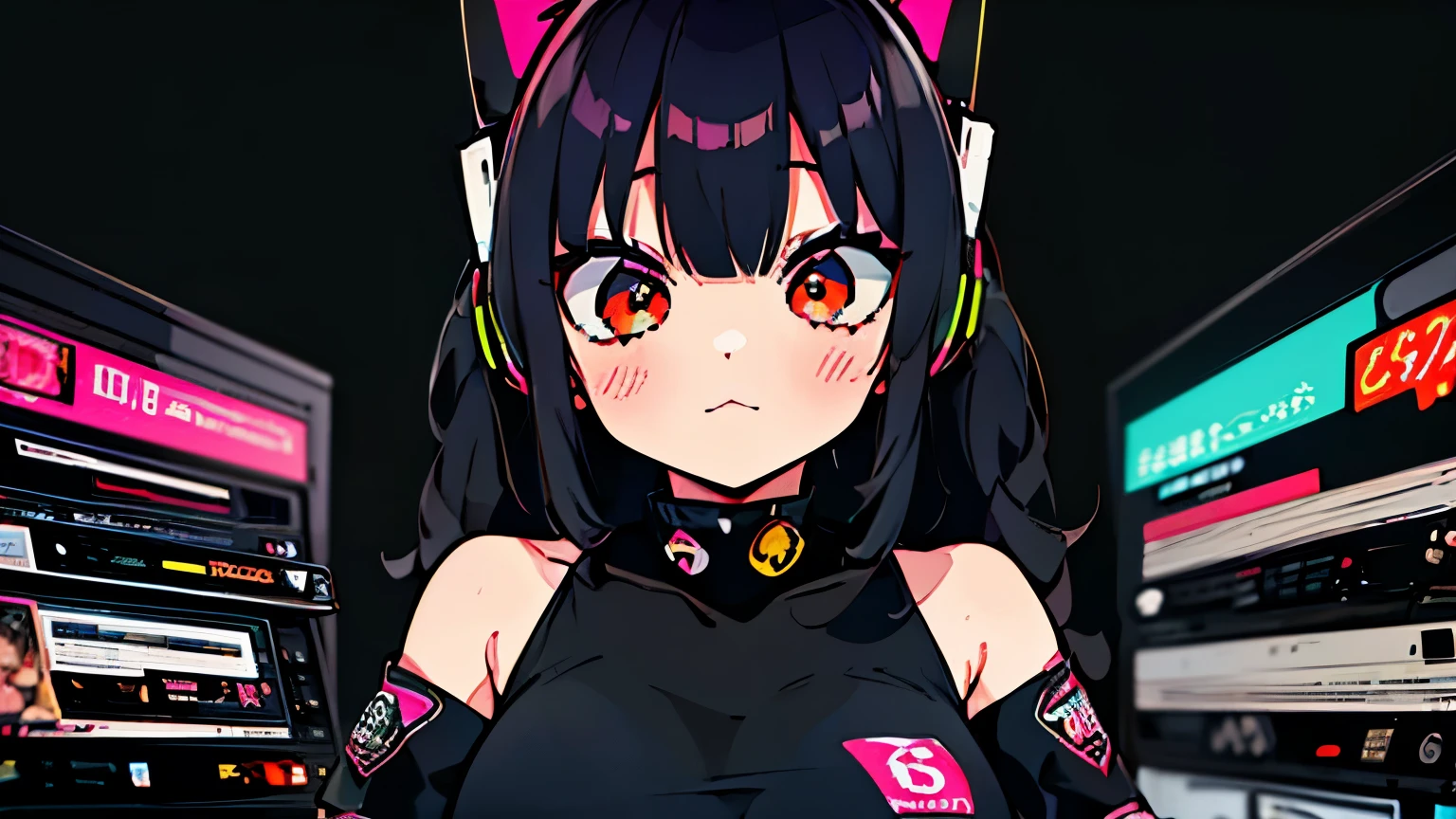 (junkotvv cabello negro, orejas de gato, ojos rojos), Best quality, (masterpiece), best detail face,1 girl, big breasts, 18 yo, 8k,absurdres,unity 8k wall paper,(extremely detailed:1.3), highest realistic, (retro headphones:), (soft neon light:), (psychedelic), Her room full of music equipment and records, sports wear , See the whole room , dark grey color pallet
