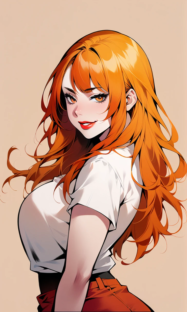 check_9, check_8_up, check_7_up, 1 girl, Simplified background, Asiatic, casual clothes , Sunny, Beautiful, flirty face, Red lips, sharp eyes, big breasts, big ass, beautiful eyelashes, cute face, high detail, Hands, seductive face, Good Makeup, Red hair, orange hair, cute face, white top, short shorts