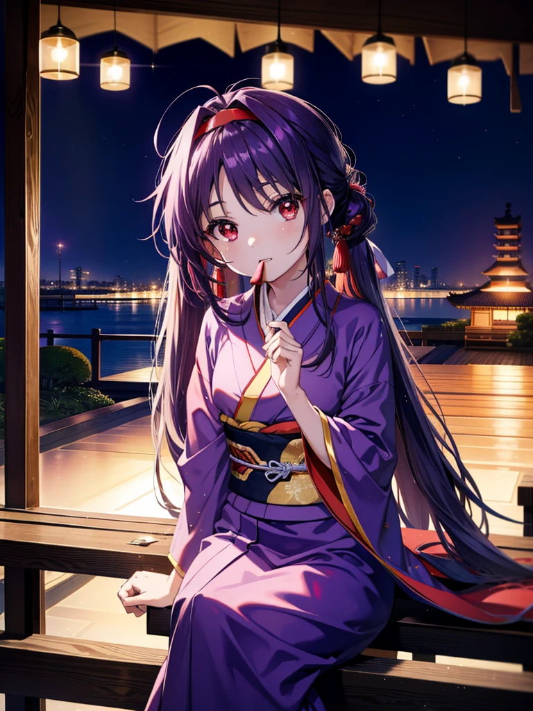 yuukikonno, Yuuki Konno, hair band, Long Hair, Pointed Ears, Purple Hair, Ahoge,(Red eyes:1.5), (Small breasts:1.2),low twin tail,smile,Open your mouth,Purple Kimono,Purple long skirt,Fireworks in the night sky,Fireworks,The place is a fireworks display,Time is night,sunny day,Sitting on a bench,He is eating a triangular piece of red watermelon, holding it in both hands.,Wind Chimes,whole bodyがイラストに入るよう,
break looking at viewer, , whole body, (Cowboy Shot:1. 5)
break indoors, Veranda,Japanese garden,
break (masterpiece:1.2), Highest quality, High resolution, unity 8k wallpaper, (figure:0.8), (Beautiful attention to detail:1.6), Highly detailed face, Perfect lighting, Highly detailed CG, (Perfect hands, Perfect Anatomy),