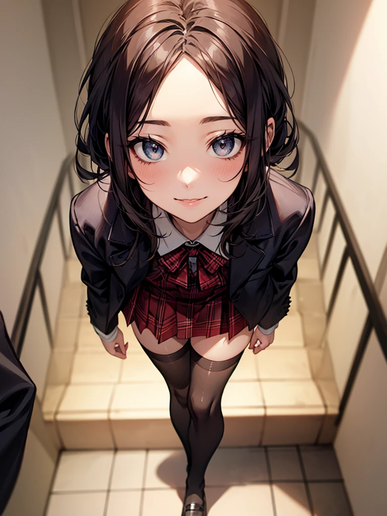 (Biologically correct limb count),Full body, including face,4K,Focus on the masterpiece face,Well-proportioned facial features,Delicate descriptive eyes,One beautiful woman,(Black jacket,red plaid skirt,stockings),(smile),Looking down,Photos with white borders,Look away from the camera,walking,Walking down the stairs,Two Girls,崖から街をLooking down