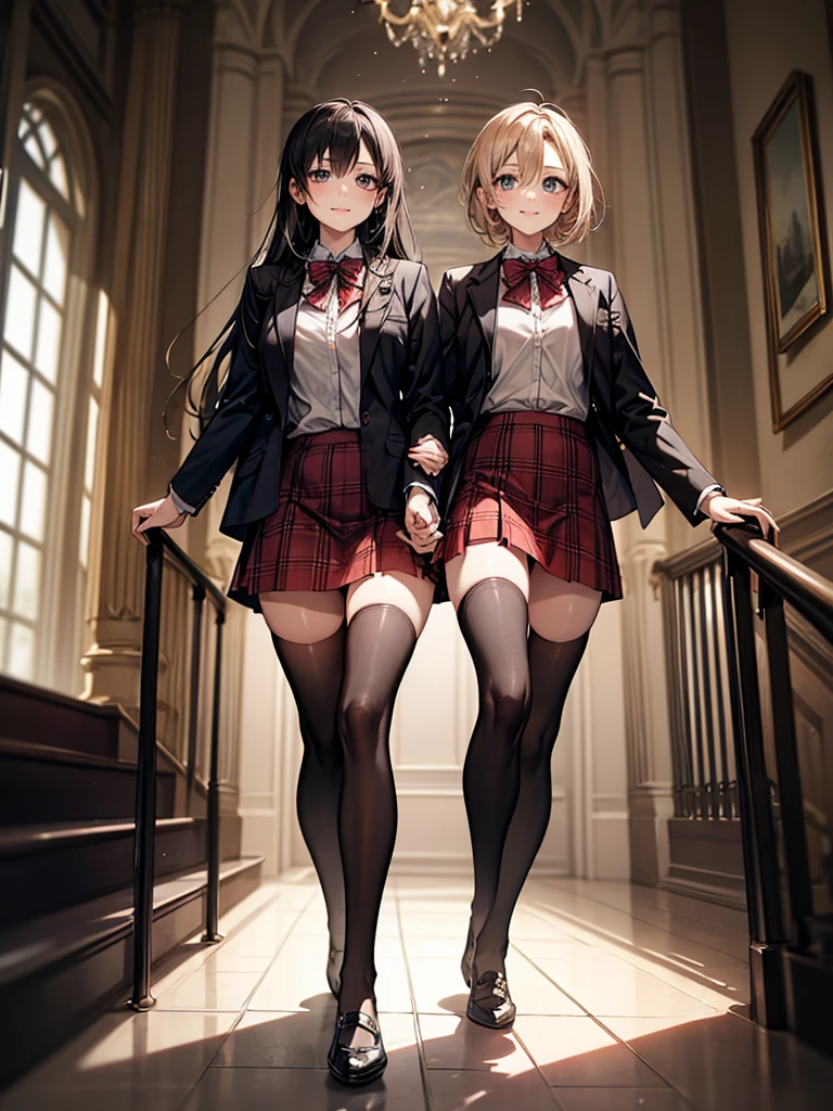 (Biologically correct limb count),Full body, including face,4K,Focus on the masterpiece face,Well-proportioned facial features,Delicate descriptive eyes,One beautiful woman,(Black jacket,red plaid skirt,stockings),(smile),Looking down,Photos with white borders,Look away from the camera,walking,Walking down the stairs,Two Girls,崖から街をLooking down