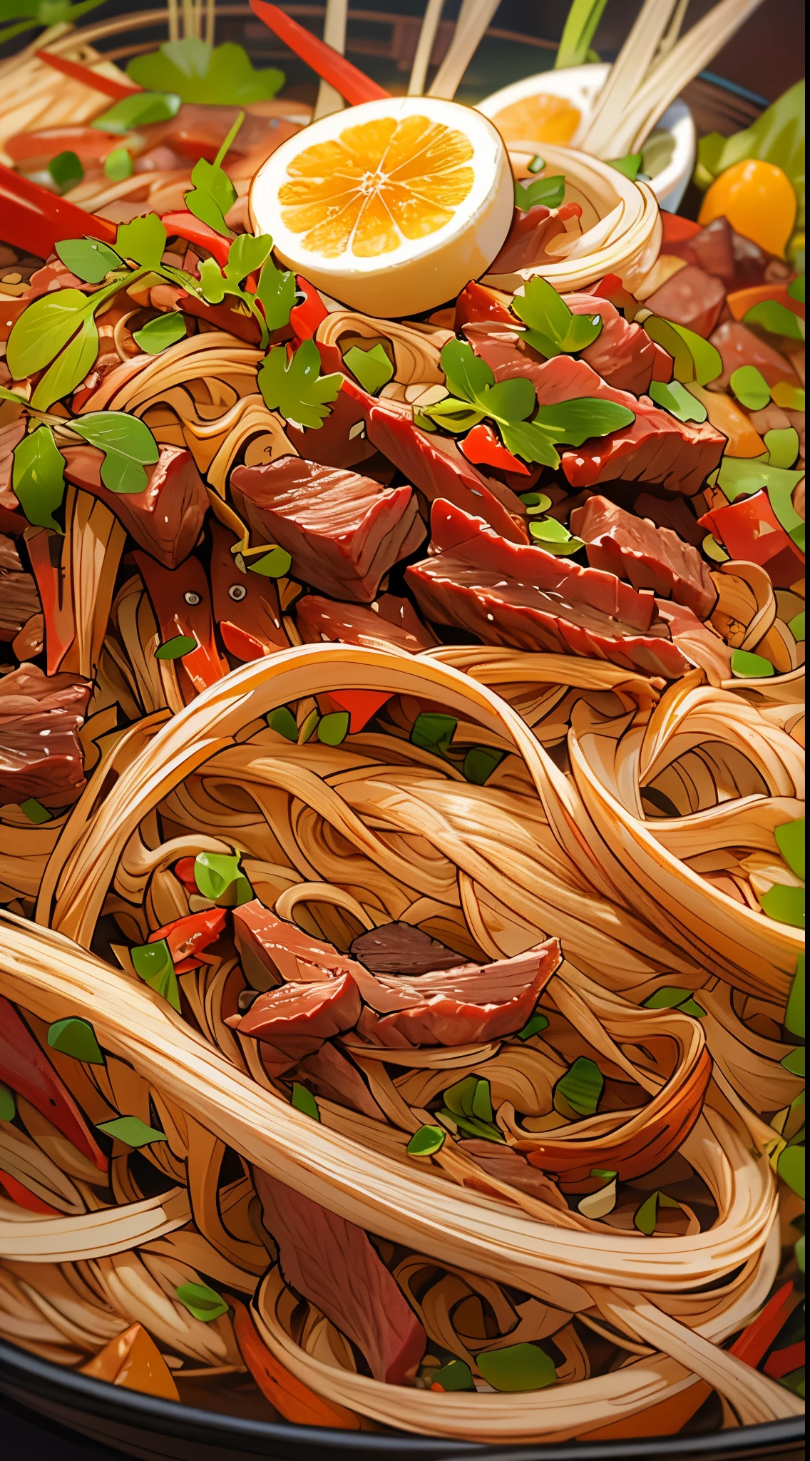 Close-up of Chinese noodles with beef, In the style of colorful animated stills, Sci-fi anime, dark red and dark amber,, Qian Xuan, Organic sculpture, Accurate and detailed, Anime Core ,32k Ultra HD, Highest quality, masterpiece, Super Detail, Attention to detail