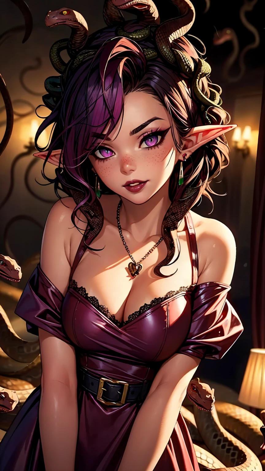 ((Best quality)), ((masterpiece)), (detailed: 1.3)
Beautiful woman, one girl, very detailed eyes, very detailed hair, very detailed clothes, very detailed face, 20 years old girl
((Purple eyes)), ((glowing eyes)), ((black hair)), straight hair, medusa)), ((elf ears)), heart earrings, piercing, tanned skin, ((black latex dress)), large breasts, cleavage, thick ass, choker, heart necklace, beautiful eyelashes, eyeliner, sultry eyes, juicy lips, soft blush, smooth skin, freckles, natural eyebrows.
Posing sexily, looking at viewer, in love with viewer, making a silly face, romantic lightning, hearts, bedroom, dimmed lights, showing only face and upper body, ((snakes in the background)).