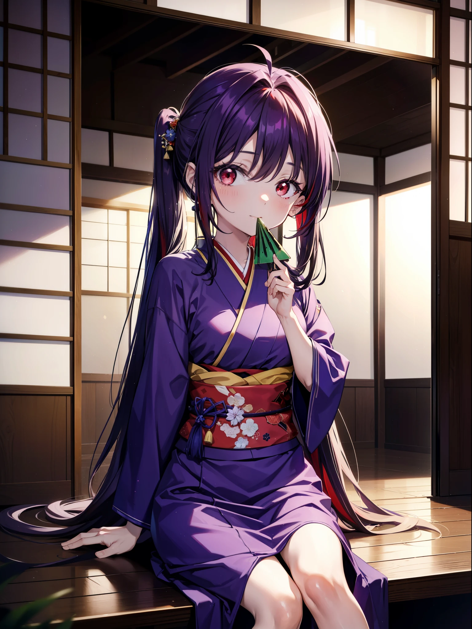 yuukikonno, Yuuki Konno, hair band, Long Hair, Pointed Ears, Purple Hair, Ahoge,(Red eyes:1.5), (Small breasts:1.2),low twin tail,smile,Open your mouth,Purple Kimono,Purple long skirt,Fireworks in the night sky,Fireworks,The place is a fireworks display,Time is night,sunny day,Sitting on a bench,He is eating a triangular piece of red watermelon, holding it in both hands.,Wind Chimes,whole bodyがイラストに入るよう,
break looking at viewer, , whole body, (Cowboy Shot:1. 5)
break indoors, Veranda,Japanese garden,
break (masterpiece:1.2), Highest quality, High resolution, unity 8k wallpaper, (figure:0.8), (Beautiful attention to detail:1.6), Highly detailed face, Perfect lighting, Highly detailed CG, (Perfect hands, Perfect Anatomy),