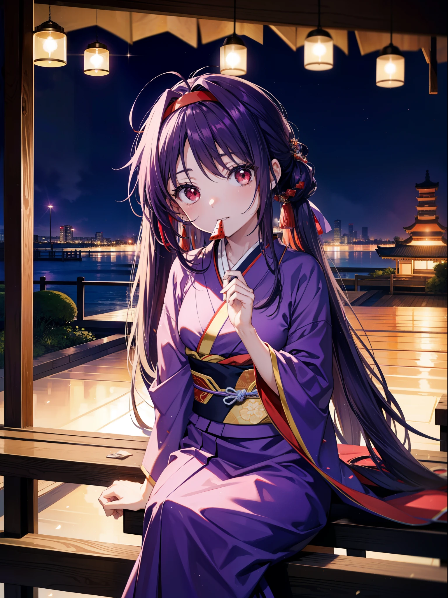 yuukikonno, Yuuki Konno, hair band, Long Hair, Pointed Ears, Purple Hair, Ahoge,(Red eyes:1.5), (Small breasts:1.2),low twin tail,smile,Open your mouth,Purple Kimono,Purple long skirt,Fireworks in the night sky,Fireworks,The place is a fireworks display,Time is night,sunny day,Sitting on a bench,He is eating a triangular piece of red watermelon, holding it in both hands.,Wind Chimes,whole bodyがイラストに入るよう,
break looking at viewer, , whole body, (Cowboy Shot:1. 5)
break indoors, Veranda,Japanese garden,
break (masterpiece:1.2), Highest quality, High resolution, unity 8k wallpaper, (figure:0.8), (Beautiful attention to detail:1.6), Highly detailed face, Perfect lighting, Highly detailed CG, (Perfect hands, Perfect Anatomy),