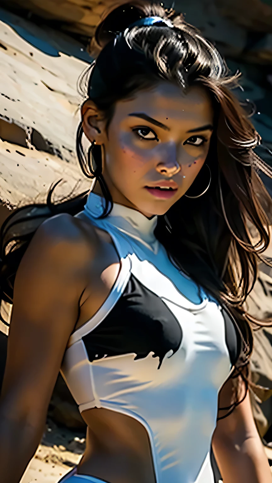 high quality, Real engine, Female Fighter, (Big Breasts), Toned Abs, White skin, Black ponytail, Aggressive, sweating, Blood vessel, (((White and black bikini))), In the battle scene, ファイティングPause、Ready to fight, 4K, Invincible, The best warrior, ファイティングPause, bring it on, Looking into the camera、masterpiece, 最high quality, high quality, High resolution、Realistic、(Cinema Lighting)、Detail emphasis, Beautiful lighting、Sharp focus.々Pause、超Detailed face、Detailed Iole Hair、Black Hair、Long Hair、Beautiful Hairstyles、Detailed face、Exposed breasts、Cleavage、(Big Breasts)、Incredibly stupid, It seems ridiculous.., (((White and black leotard))), In a dark cave、Inside a realistic cave、Upper body portrait