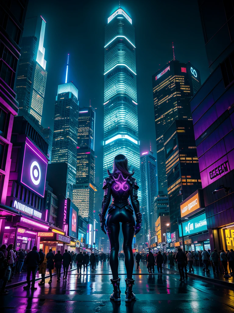 Desenhe ombre de Overwatch em um ambiente urbano cibernético futurista, filled with skyscrapers illuminated by holograms and neon lights. She&#39;s in a stealthy position, half crouched on a building&#39;s marquee, with his cunning eyes focused on a holographic control panel in front of him. ombre, a dark-skinned woman with short purple hair, shaved on one side, is dressed in a purple and black leather outfit, with neon details that glow softly. Your gloves are equipped with electronic devices, and one of them is being used to hack the building&#39;s security system. Ao fundo, drones fly through the night sky, and the city is alive with the movement of autonomous vehicles on the streets below. The atmosphere is tense, with a touch of imminent danger, destacando a habilidade de ombre como uma infiltradora e hacker de elite.