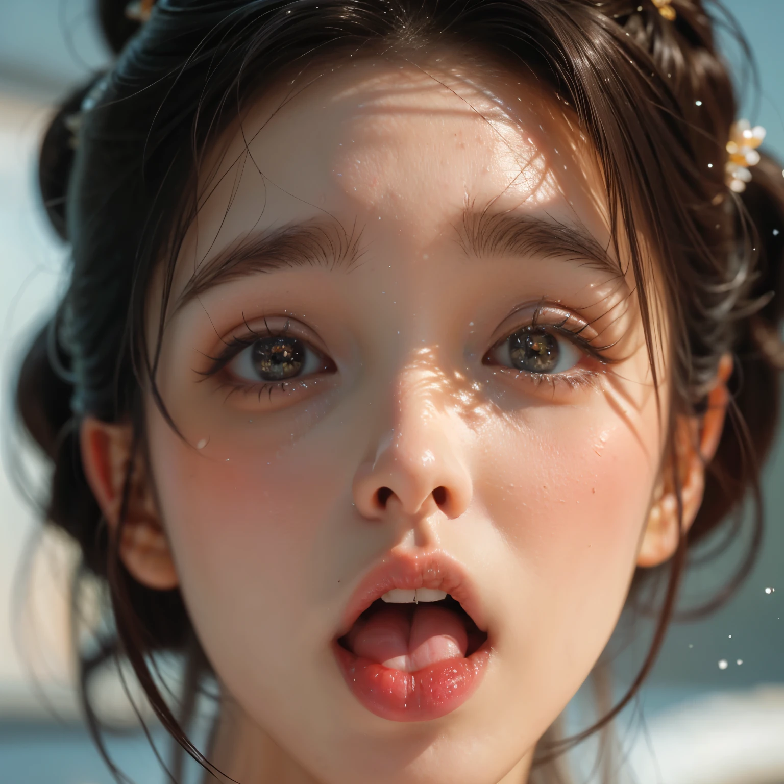 ExtremelyDetailed Kawaii girl Face,(Close-up Sweet lips), glossy lips with beautiful details, Coquettish tongue, Kissing to camera, towards the viewer, 8K TopQuality masterpiece,an extremely delicate and beautiful (ProfessionalPhoto:1.37), {Amazing|finely detail|official art|incredibly absurdres},ultra-detailed close-up shot, close up, (fish eye lens), wide lens, macro lens, Detailed reflective Eyes ElaboratePupils with (sparkling highlights:1.28) (Delicate Voluminous LongEyelashes:0.88), {(Tilted face:1.22)|Visible back of throat|saliva drips|naked shoulder}, (Dripping juice on tongue:1.23) snow particles
