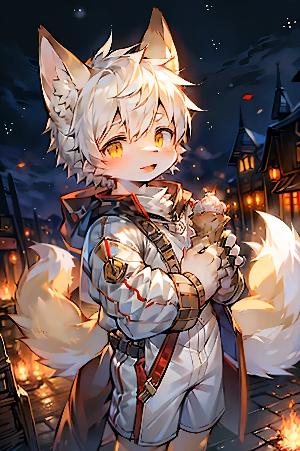 Fox Boy,Furry boys,In and chilracteristics,White hair,Yellow skin,White Arm,Brave Suit,shorts,Medieval town background