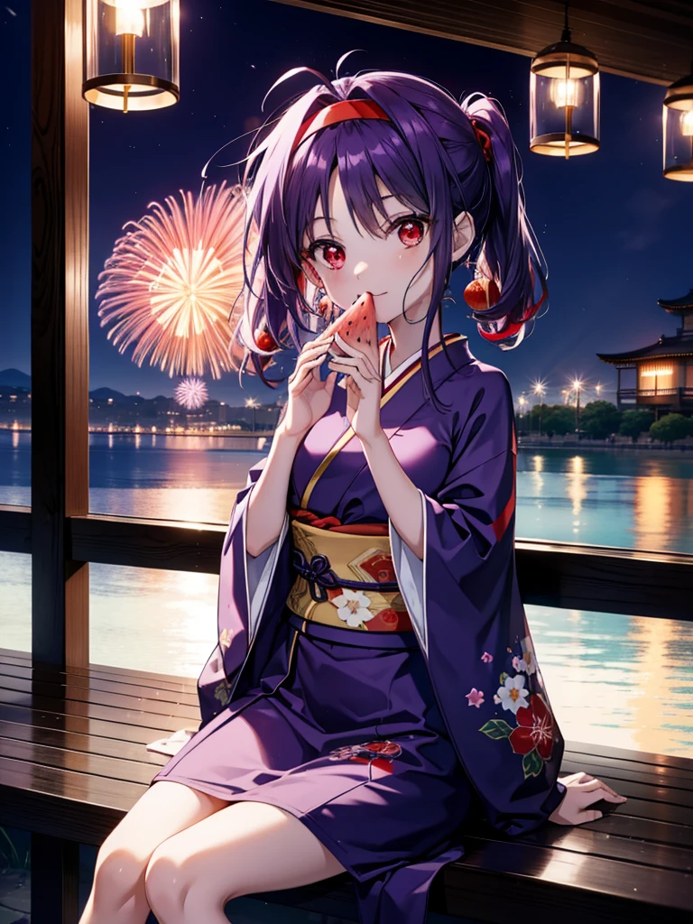 yuukikonno, Yuuki Konno, hair band, Long Hair, Pointed Ears, Purple Hair, Ahoge,(Red eyes:1.5), (Small breasts:1.2),low twin tail,smile,Open your mouth,Purple Kimono,Purple long skirt,Fireworks in the night sky,Fireworks,The place is a fireworks display,Time is night,sunny day,Sitting on a bench,He is eating a triangular piece of red watermelon, holding it in both hands.,Wind Chimes,whole bodyがイラストに入るよう,
break looking at viewer, , whole body, (Cowboy Shot:1. 5)
break indoors, Veranda,Japanese garden,
break (masterpiece:1.2), Highest quality, High resolution, unity 8k wallpaper, (figure:0.8), (Beautiful attention to detail:1.6), Highly detailed face, Perfect lighting, Highly detailed CG, (Perfect hands, Perfect Anatomy),