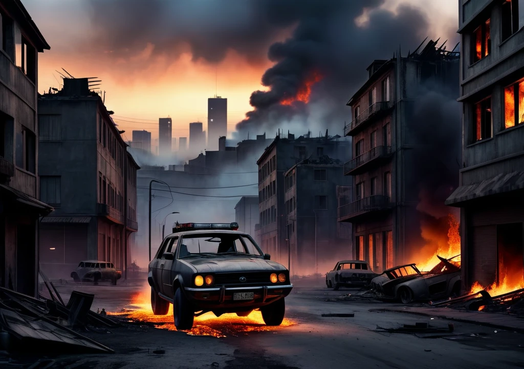 post-apocalyptic grey twilight at the end of the world. A ruinied city. Burning building. Car on fire. Smoke envelops the city. Dark atmospheric. From new dawn aquarelle drawing, high quality photography, 3 point lighting, flash with softbox, 4k, Canon EOS R3, hdr, smooth, sharp focus, high resolution, award winning photo, 80mm, f2.8, bokeh