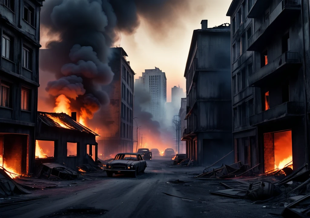 post-apocalyptic grey twilight at the end of the world. A ruinied city. Burning building. Car on fire. Smoke envelops the city. Dark atmospheric. From new dawn aquarelle drawing, high quality photography, 3 point lighting, flash with softbox, 4k, Canon EOS R3, hdr, smooth, sharp focus, high resolution, award winning photo, 80mm, f2.8, bokeh