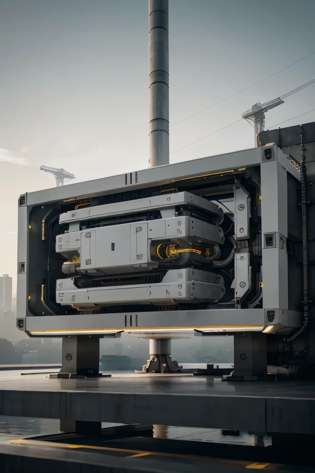 a sleek, futuristic grey and white mechanical component, highly detailed mechanical textures, advanced new energy technology, a levitating rectangular block in a dynamic angled perspective, photorealistic, 8k, hyper detailed, cinematic lighting, industrial design, mechanical engineering, industrial machinery, engineering, technology, innovation, electricity, power source, futuristic, modern, clean, minimalist,lie,white, total square, keep indivitial