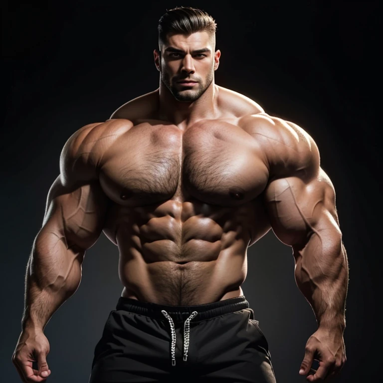 a very handsome, massively muscular man with massively large muscles, with massively large, muscular and defined body, on a black background