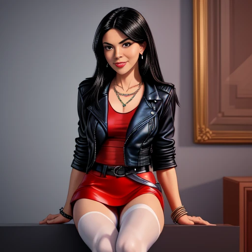 1 woman сорок девять years old, One, long straight black hair, bang,I look at the viewer, detailed eyes, shy smile,Jewelry, medium breast, earrings,belt, (blue leather jacket) over a tight red t-shirt,mini skirt,sheer white tights,NECKLACE, bracelet, lips,((Dynamic angle)),
