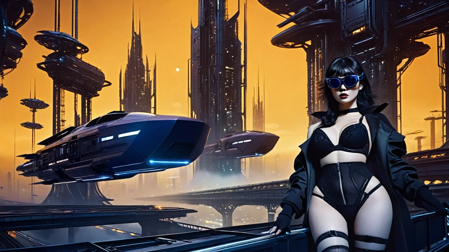 at night, ((a large-breast:1.2 lingerie slim:0.6 GIRL with black mini VR sunglasses)), ((holding a pistol)), aerial view of an ultra-futuristic megalopolis, tall metal buildings in dark colors from dark blue to black, shades of metal gray, smoky metal structures, industrial environment with fog around, dark cars on the streets, (flying vehicle), modern metal rails and trains passing through, ((futuristic space station)), realistic, detailed, sci-fi.
