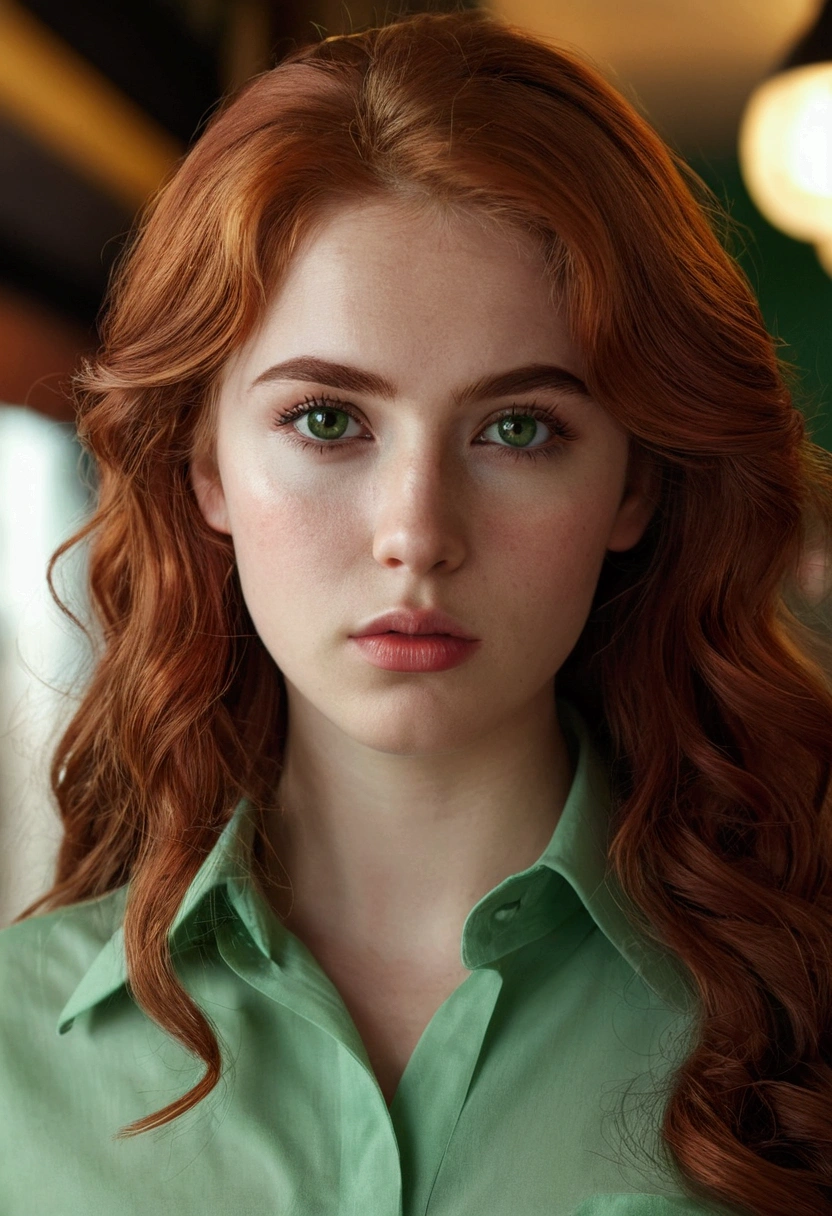 (highest quality,masterpiece:1.3,ultra high resolution),(Super detailed,caustics),(realistic:1.4,RAW shooting),(Vibrant color saturation), portrait photo of a girl, best quality, high quality, German girl, 19 years old, distinctive face, long red hair, strong red hair, wavy red hair, gentle and seductive eyes, green eyes, eyebrows are horizontal, eyebrows dark brown, eyes green, wearing a shirt shoulder free, elegant and seductive standing posture, big breasts, sad expression on her face, cinematic lighting, very beautiful, ultra realistic, detailed lips, extremely detailed face, long eyelashes, intricate hairstyle, looking straight into the camera, in a café