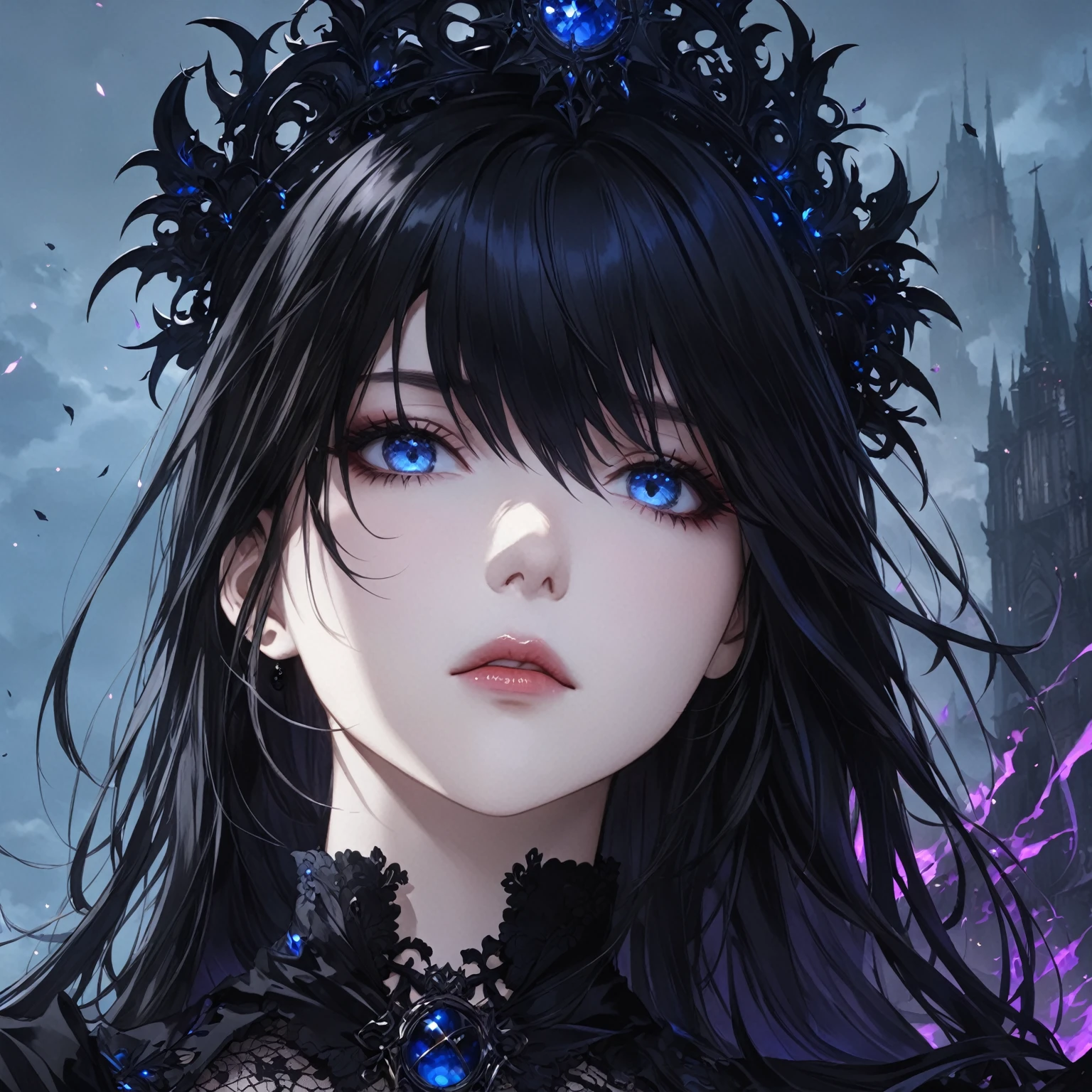 masterpiece, best quality, good quality, fantasy Aesthetic, Highly detailed, shadowverse style, female, long hair, dark black hair, gothic, sorcerer, blue eyes, closed mouth