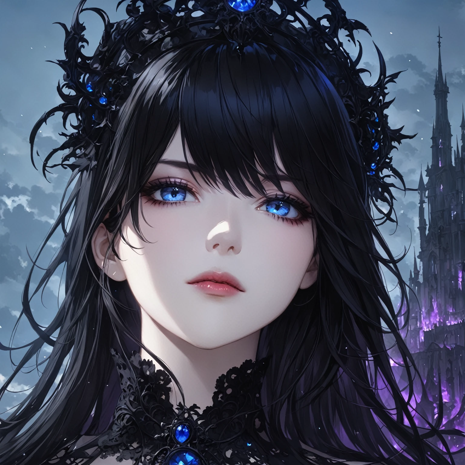 masterpiece, best quality, good quality, fantasy Aesthetic, Highly detailed, shadowverse style, female, long hair, dark black hair, gothic, sorcerer, blue eyes, closed mouth