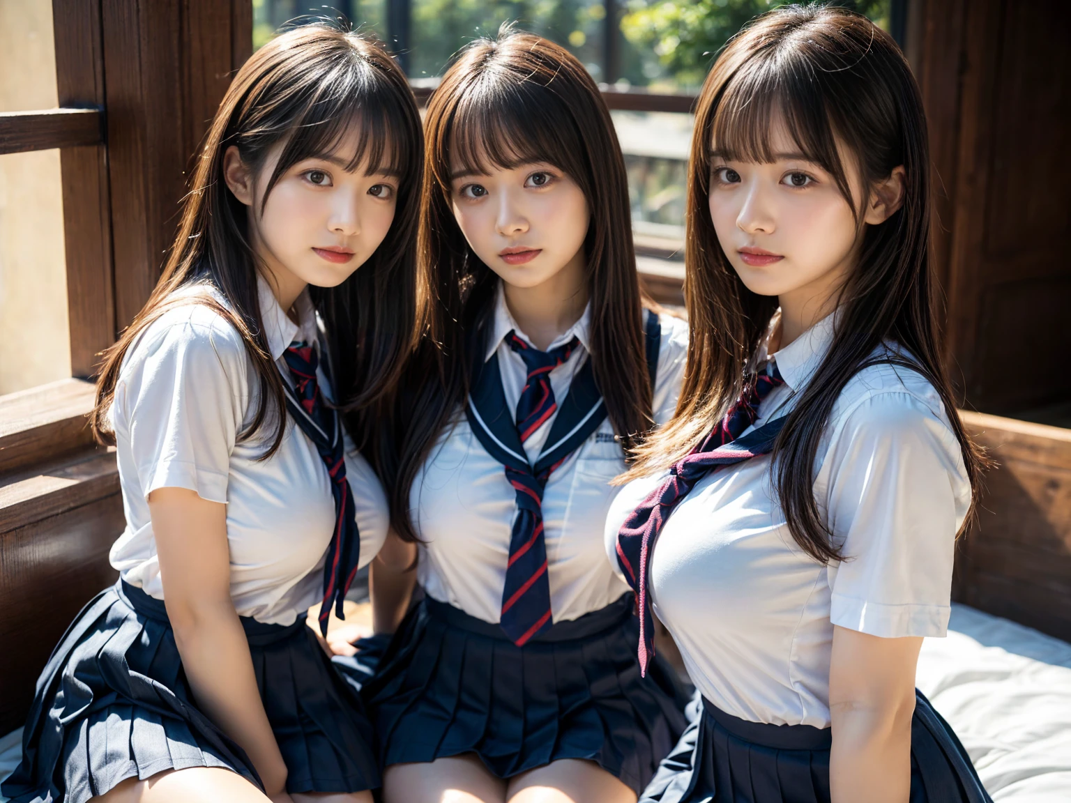 (RAW photo, 4k, masterpiece, high resolution, extremely complex) (realistic: 1.4), cinematic lighting
((2 girls, 2 schoolgirls)),Slam Dunk's,blushing,((innocent)),bright eyes,round eyes,blunt bangs,(straight hair:1.3),black hair,large breasts,wide hips,Summer Noon, ,Hot, (Best Quality), (Highres), (an Extremely Delicate and Beautiful),(Beautiful 8k face),(Brown eyes),short bob hair,( spectators),(gigantic breasts),(Play with each other,Touching each other's bodies,Touching the body),(Japanese high school uniform:1.3),blue skirt,(reality),bright lighting,(The background is a luxury hotel room)