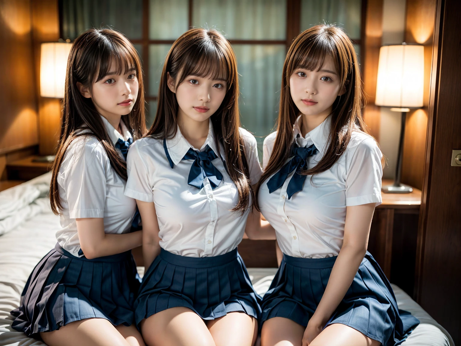(RAW photo, 4k, masterpiece, high resolution, extremely complex) (realistic: 1.4), cinematic lighting
((2 girls, 2 schoolgirls)),Slam Dunk's,blushing,((innocent)),bright eyes,round eyes,blunt bangs,(straight hair:1.3),black hair,large breasts,wide hips,Summer Noon, ,Hot, (Best Quality), (Highres), (an Extremely Delicate and Beautiful),(Beautiful 8k face),(Brown eyes),short bob hair,( spectators),(gigantic breasts),(Play with each other,Touching each other's bodies,Touching the body),(Japanese high school uniform:1.3),blue skirt,(reality),bright lighting,(The background is a luxury hotel room)