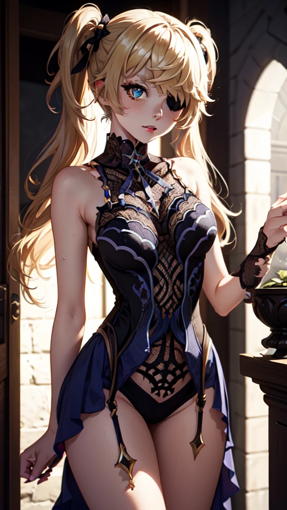 Young blonde girl, black eye patch, twin large ponytails, 
BREAK (masterpiece:1.2), best quality, high resolution, unity 8k wallpaper, (illustration:0.8), (beautiful detailed eyes:1.6), extremely detailed face, perfect lighting, extremely detailed CG, (perfect hands, perfect anatomy), joyful, laughing, Happy, (thigh corset with deep lace neckline), NSFW, portrait (3:4), posing. In darkness next to a scary castle.