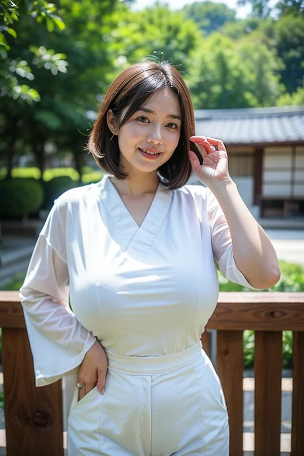 (8k, best quality, masterpiece, golden ratio composition,:1.3), (beautiful Japanese woman), (cute Japanese woman), (huge breasts:1.3), casual summer white outfit, bright smile,