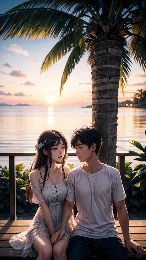 A romantically entwined pair of lovers sits on a weathered bench beneath towering coconut trees as the vibrant hues of a sunset bathe the scene in golden light. The young couple, dressed in casual, summery attire, exude a sense of carefree joy and intimacy. This striking image, whether a painting or photograph, captures the warmth of their love and the serenity of the tropical setting with impeccable detail and exquisite color rendering, making it a masterpiece of romantic nostalgia.