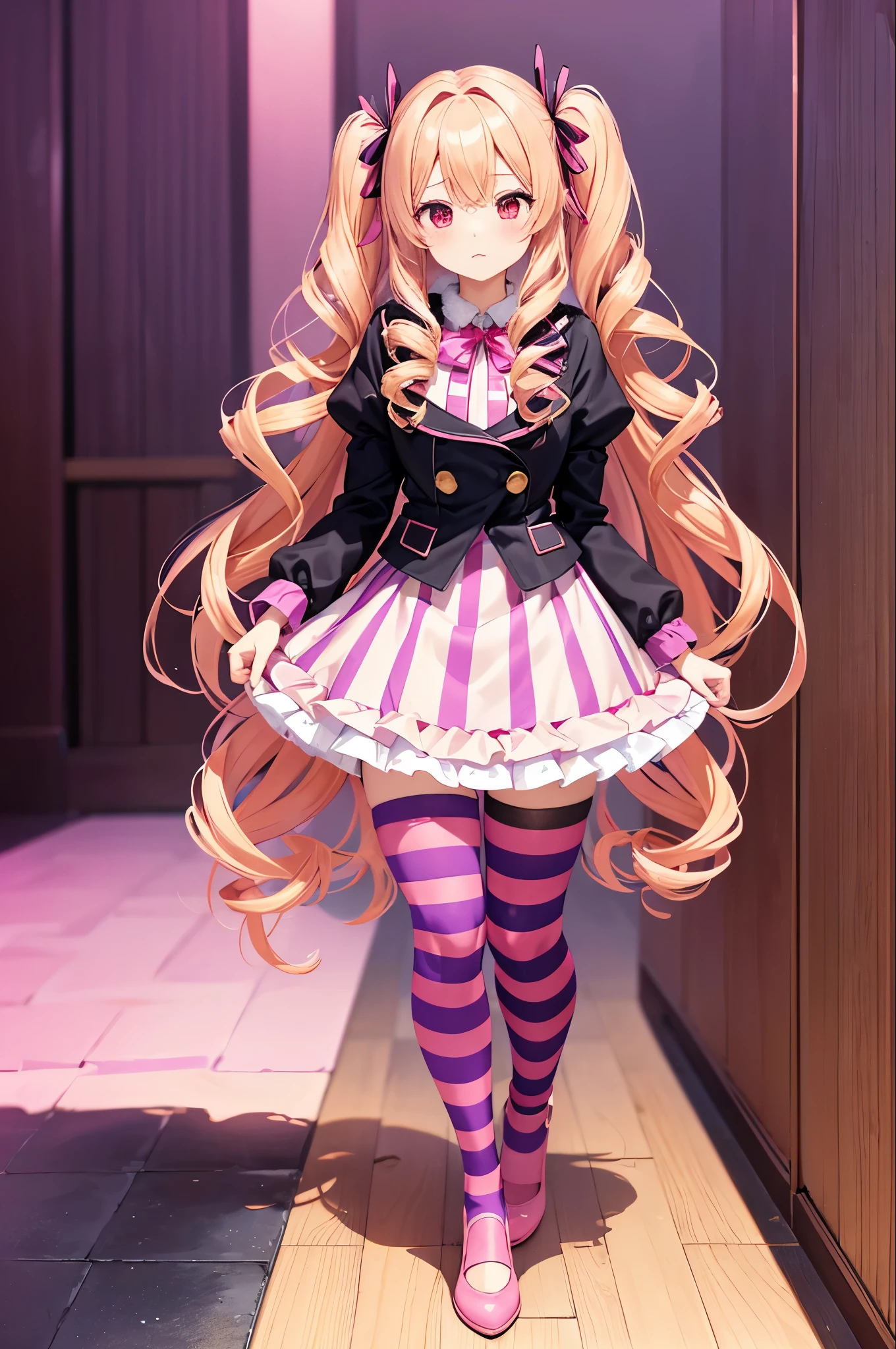 Idol-style anime character Red eyes, slightly droopy, cute expression, shy, high quality dark red, fur bolero, jacket Fluffy dark red solid fur bolero, engine colored solid dress skirt Voluminous blond twin drill Strong curly hair, curly hair, big pink ribbon in hair Purple and pink wearing striped stocking tights purple and pink horizontal striped stocking tights one very small round crown hair ornament blonde hair twin drill room, chair pink and purple striped tights pink and purple striped tights/stockings forehead bangs big pink ribbon on dress skirt focus on face red eyes Full body shot room background no shadow, high quality walking full face big pink ribbon in dress skirt focus on face full face, high quality walking full face