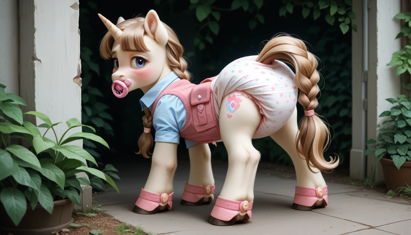 pony, light caramel unicorn, adult mare, plum eyes, lush mane braided, bushy tail, stands on four hooves, rear hooves spread wide apart, dressed in a pink vest and pink booties, pink pacifier in mouth, solo, raised tail, thick light pink diaper under clothes, pink blush on cheeks, Embarrassment, Awkwardness.
