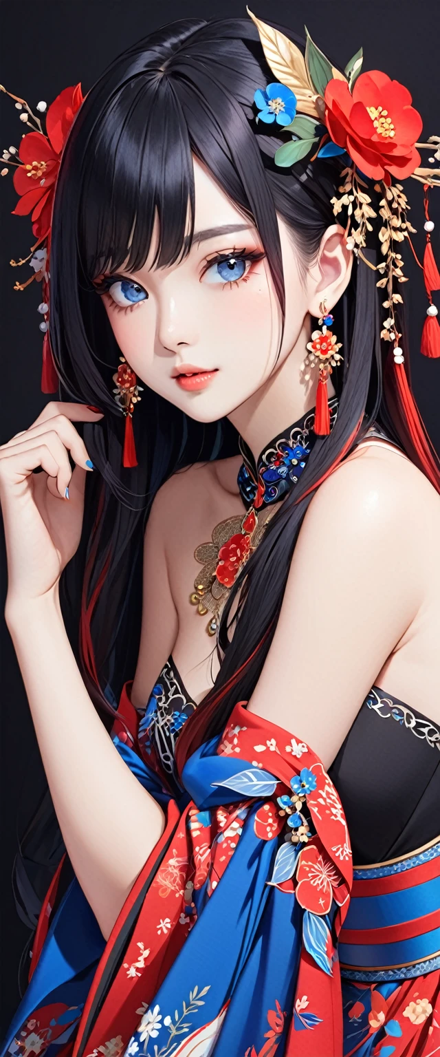 an image an asian girl with long black hair with a beautiful dress, 1girl, solo, jewelry, earrings, blue eyes, looking at viewer, mole, black background, red hair