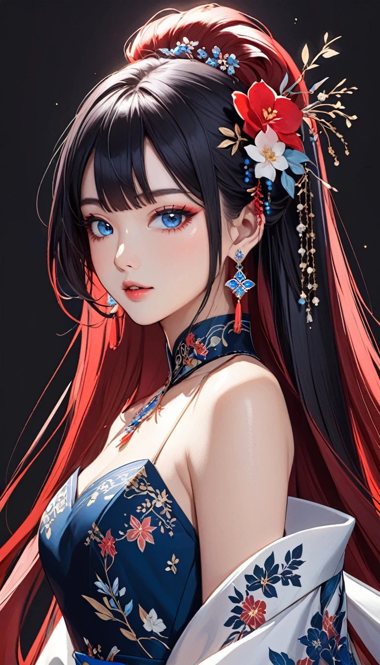an image an asian girl with long black hair with a beautiful dress, 1girl, solo, jewelry, earrings, blue eyes, looking at viewer, mole, black background, red hair