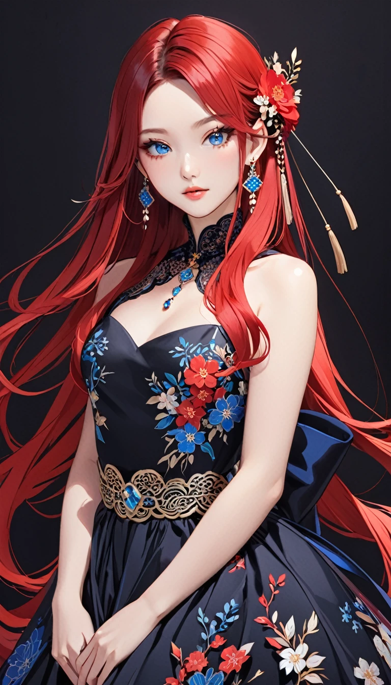 an image an asian girl with long black hair with a beautiful dress, 1girl, solo, jewelry, earrings, blue eyes, looking at viewer, mole, black background, red hair