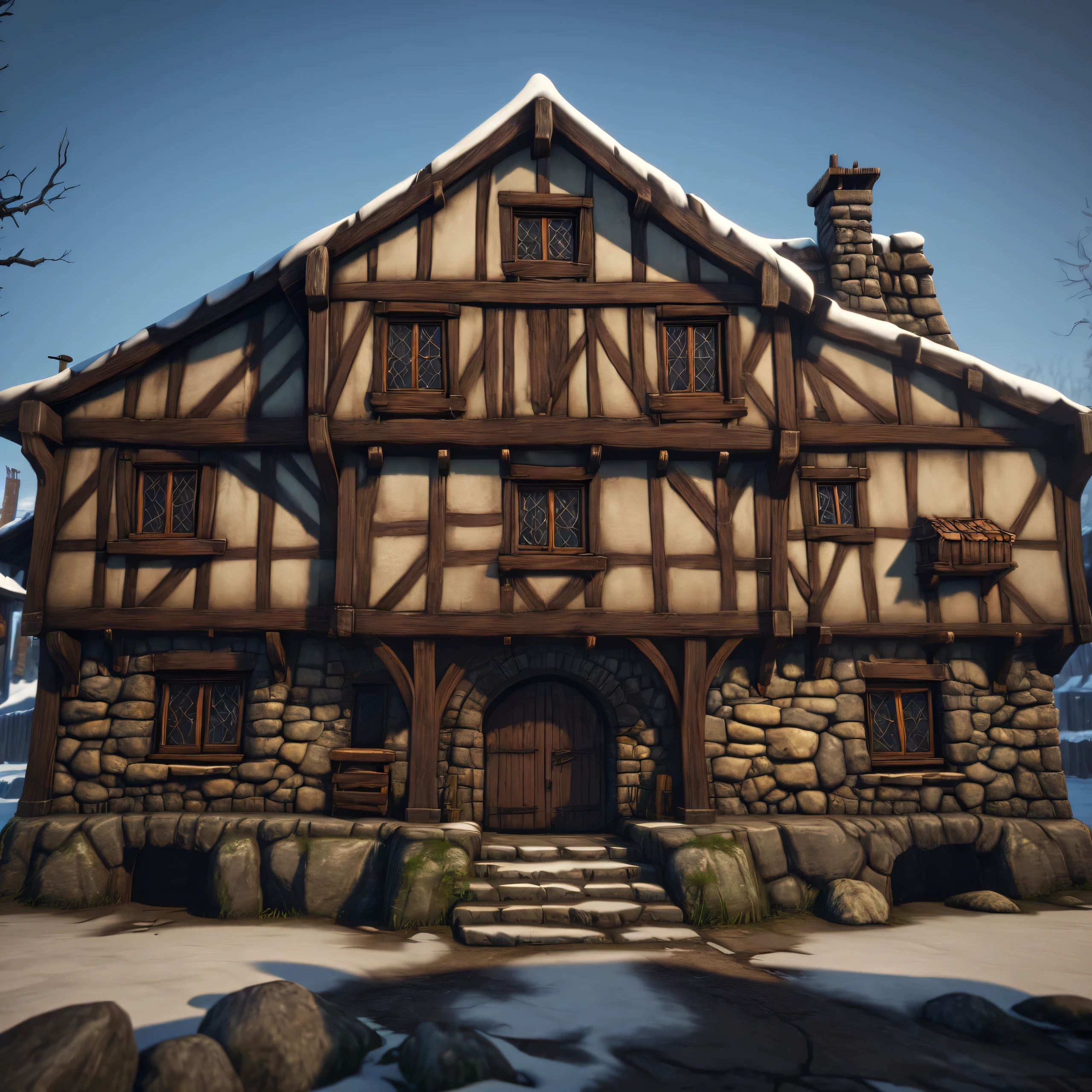 Game asset, medieval house, winter environment, rocks 