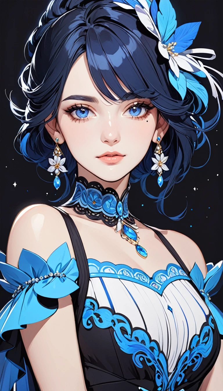a stylized art of a woman in a pretty dress with blue hair, 1girl, solo, jewelry, earrings, blue eyes, looking at viewer, mole, black background, black hair