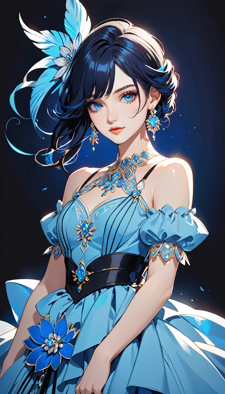 a stylized art of a woman in a pretty dress with blue hair, 1girl, solo, jewelry, earrings, blue eyes, looking at viewer, mole, black background, black hair