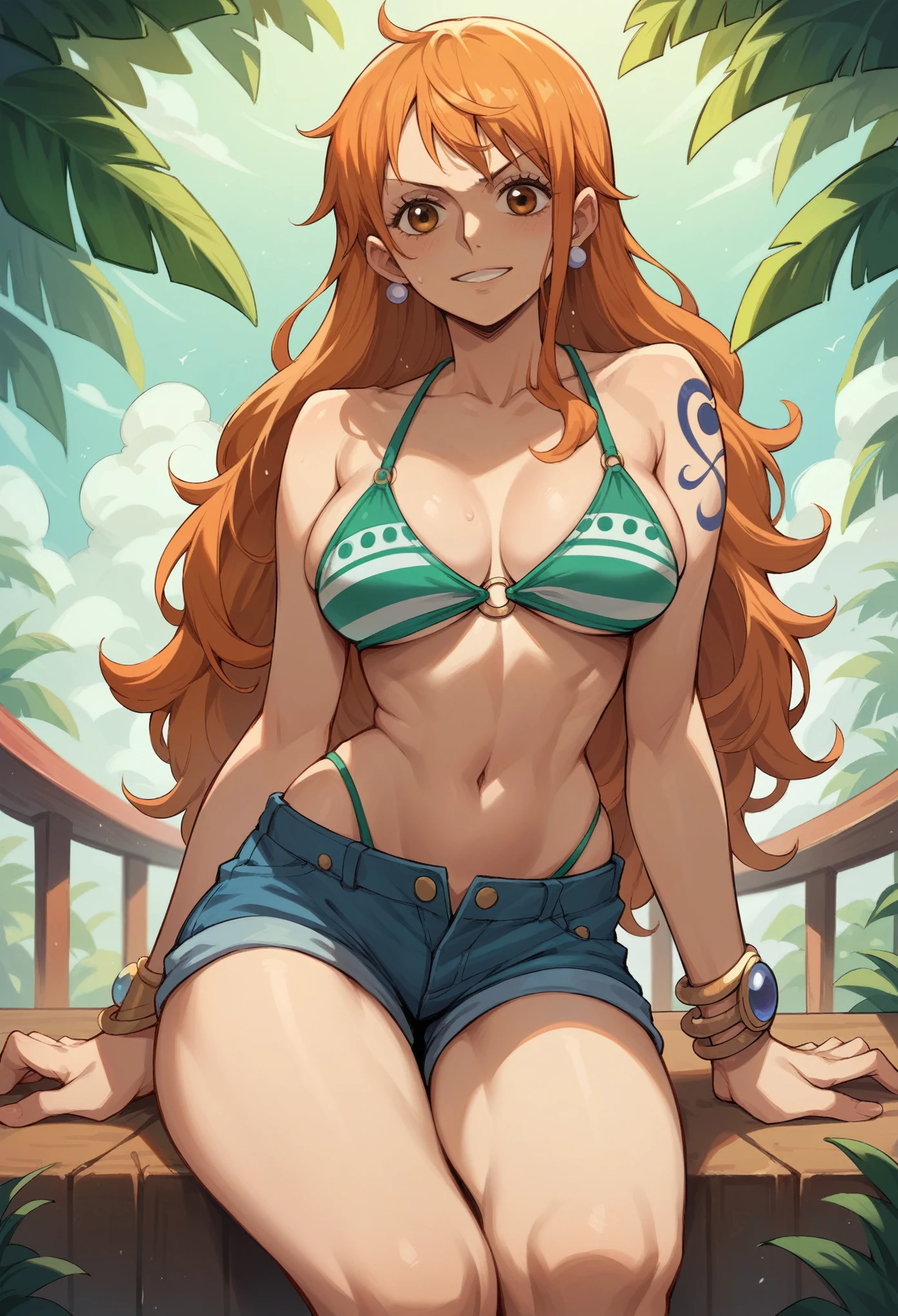 a beautiful 22 years old barefoot, well-endowed woman with blue eyes, shoulderlong orange hair, earrings, wearing a bikini and glasses, a lot of facial freckles, cheerful.