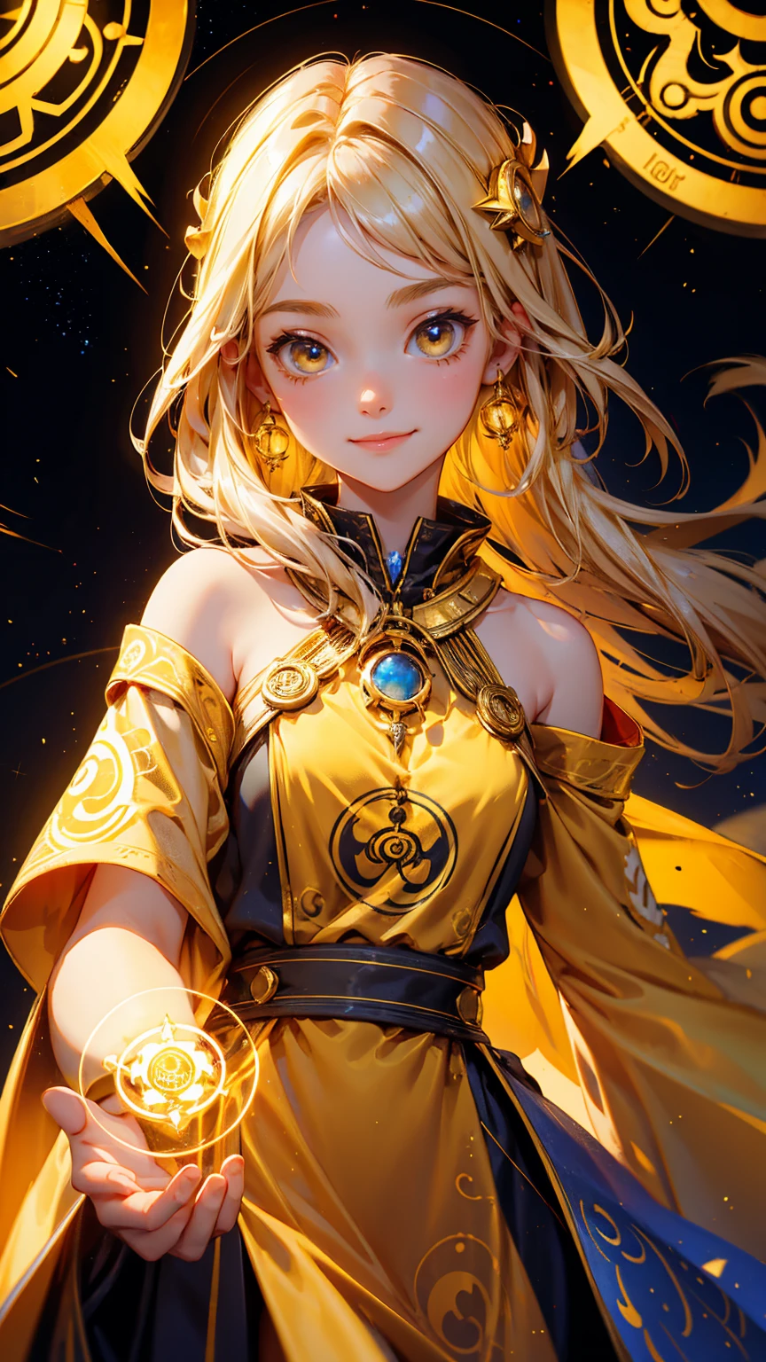 cute beautiful girl happy face, a golden dress with symbols of magic and technology floating around her. The words on the bottom "Shill Shaman",