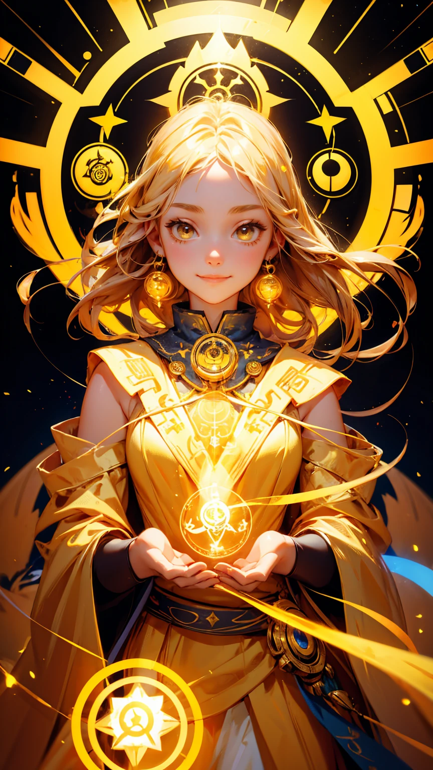 cute beautiful girl happy face, a golden dress with symbols of magic and technology floating around her. The words on the bottom "Shill Shaman",